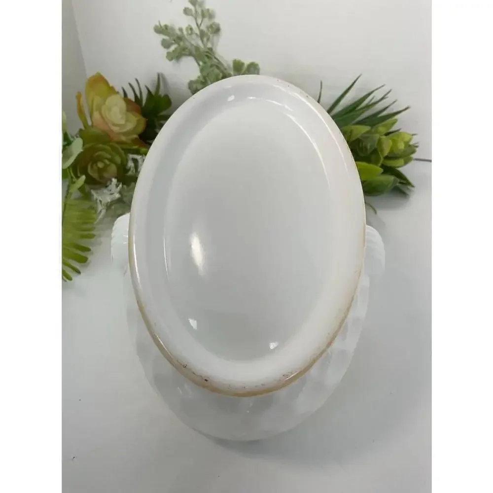 Olde Virginia Glass White Oval Basket with Thumbprint Handle Sticker